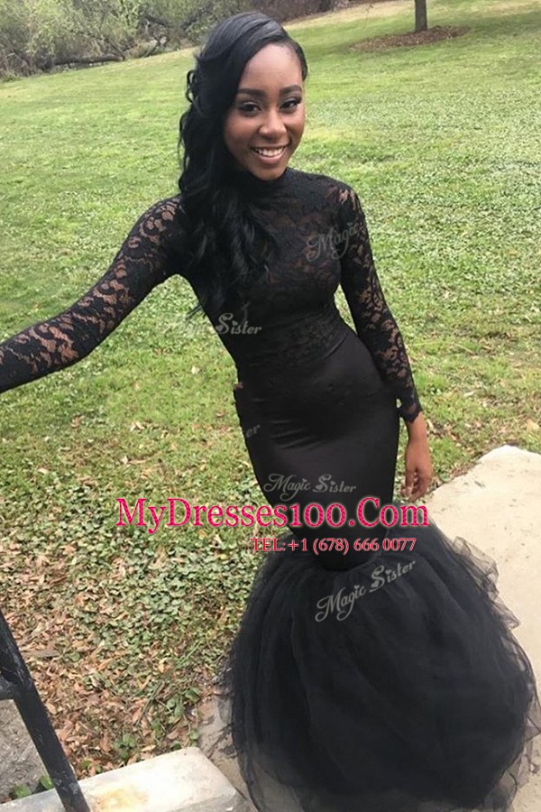Black Mermaid Elastic Woven Satin High-neck Long Sleeves Lace Floor Length Zipper