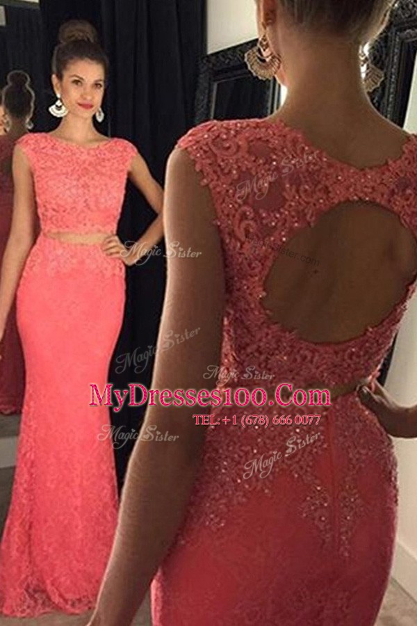 Custom Designed Mermaid Watermelon Red Lace Backless Evening Dress Sleeveless With Train Sweep Train Beading and Appliques