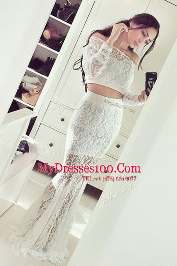 Off the Shoulder White Mermaid Lace Prom Dresses Zipper Lace Long Sleeves Floor Length
