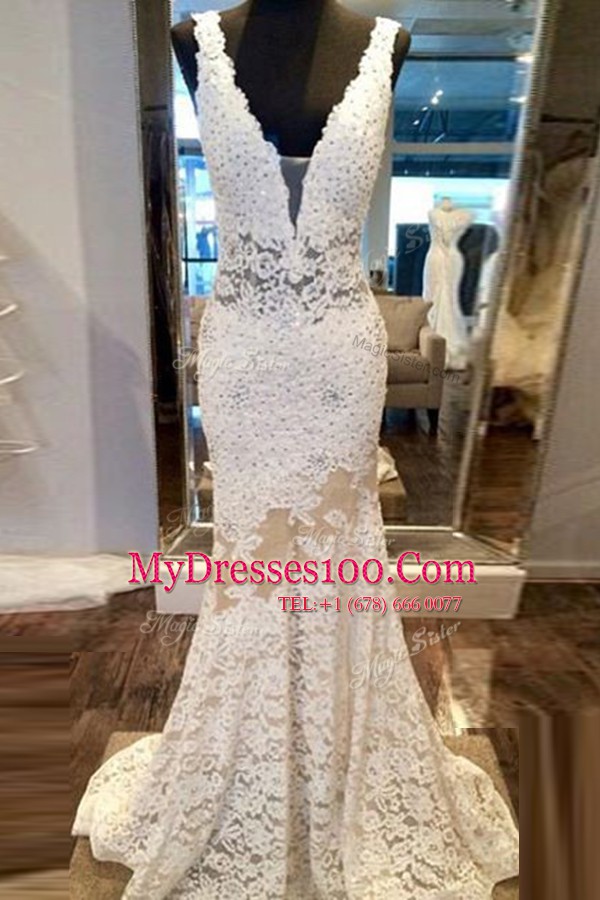 Mermaid V-neck Sleeveless Prom Dresses Sweep Train Beading White Lace