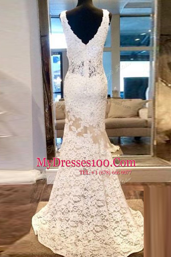 Mermaid V-neck Sleeveless Prom Dresses Sweep Train Beading White Lace