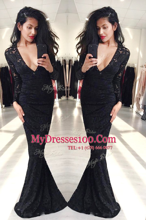 Black Mermaid Lace Party Dress Wholesale Zipper Lace Long Sleeves Floor Length