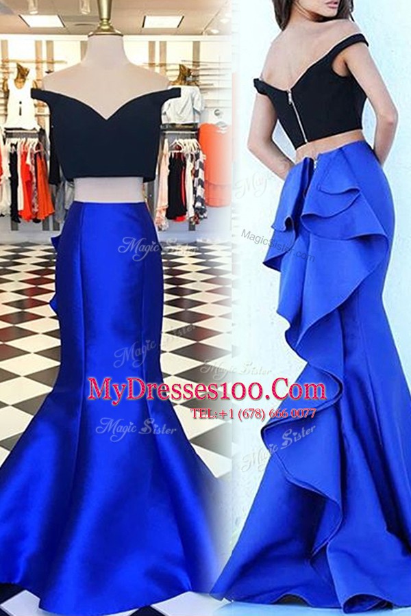 Mermaid Off The Shoulder Short Sleeves Sweep Train Zipper Prom Dresses Royal Blue Satin