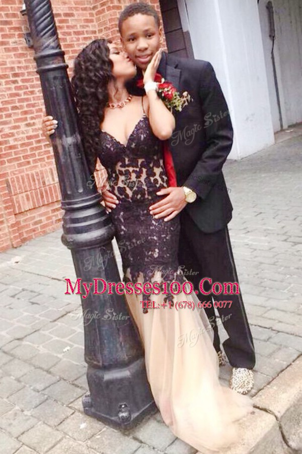 High End Mermaid Champagne Tulle Lace Up Womens Evening Dresses Sleeveless Floor Length Lace