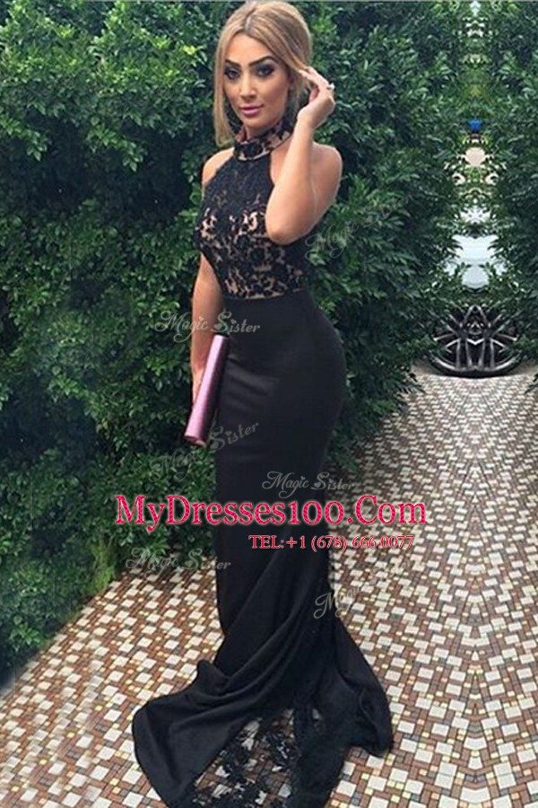 Mermaid Black High-neck Zipper Lace and Appliques Juniors Evening Dress Sweep Train Sleeveless