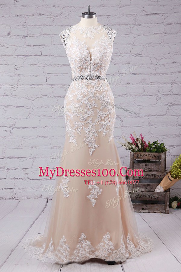 Noble Mermaid Champagne Backless Scoop Beading and Appliques Evening Dresses Tulle Sleeveless Sweep Train