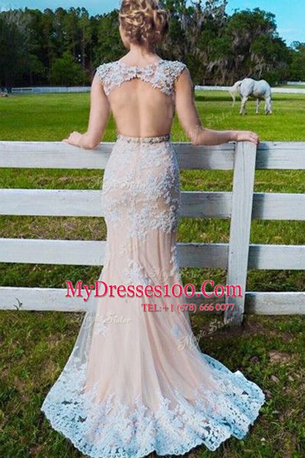 Noble Mermaid Champagne Backless Scoop Beading and Appliques Evening Dresses Tulle Sleeveless Sweep Train