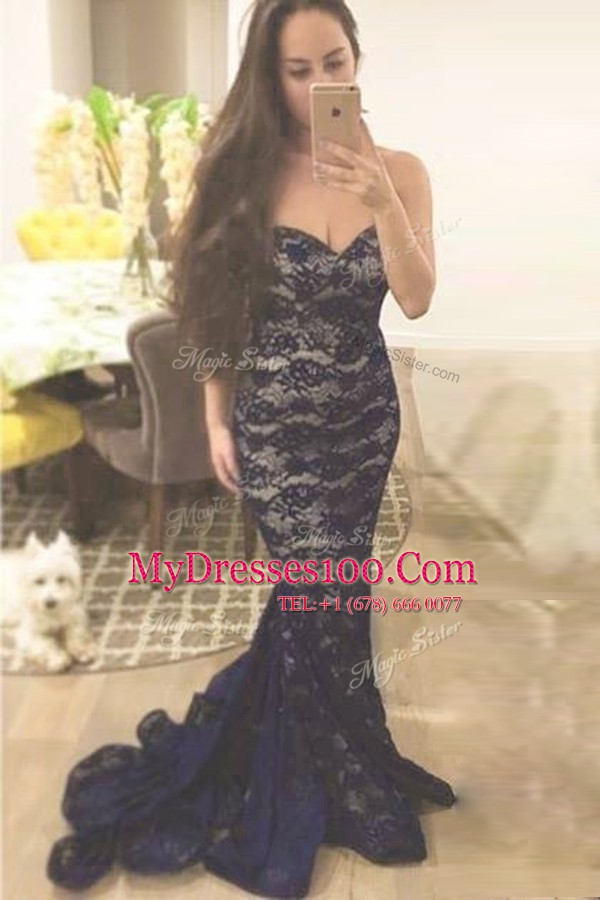 Simple Mermaid Sleeveless Lace With Train Sweep Train Zipper Womens Evening Dresses in Navy Blue with Lace