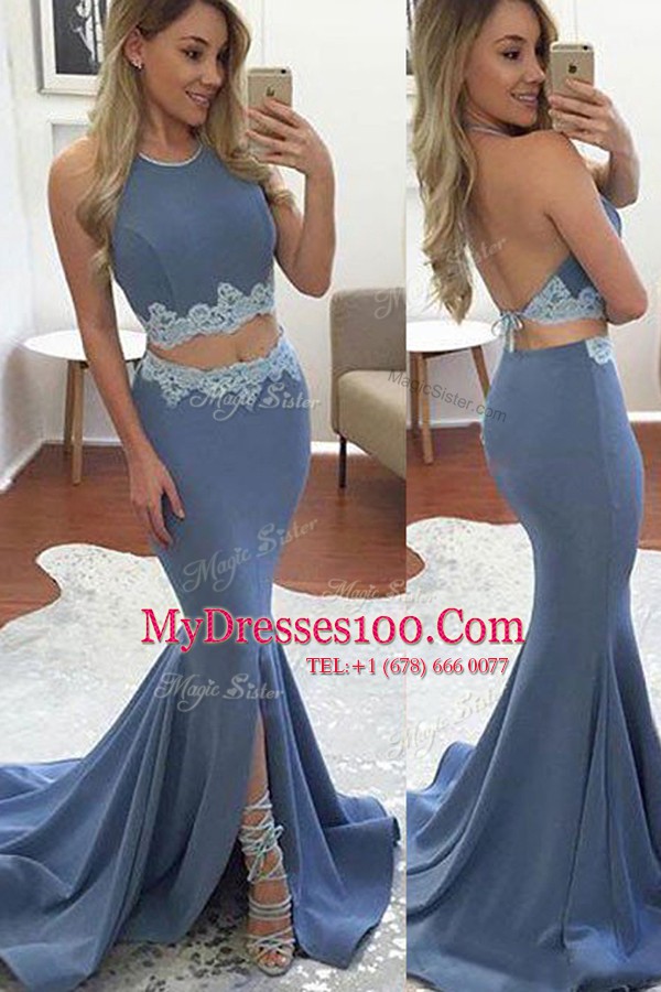 Custom Design Mermaid Blue Backless Halter Top Lace Evening Dress Elastic Woven Satin Sleeveless Sweep Train
