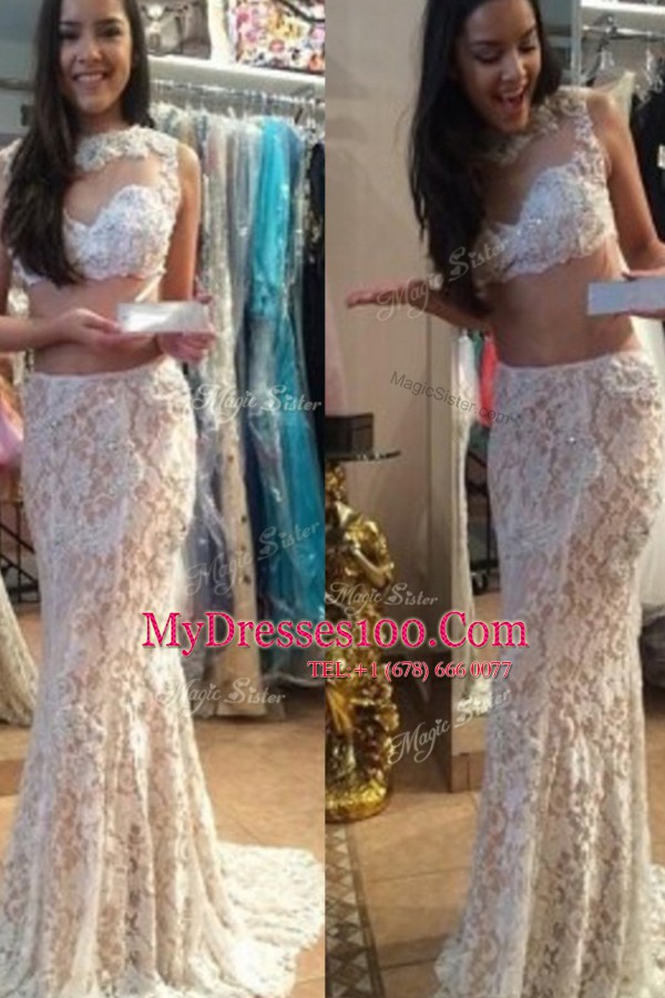White Mermaid Scoop Sleeveless Lace With Brush Train Zipper Beading Evening Dress