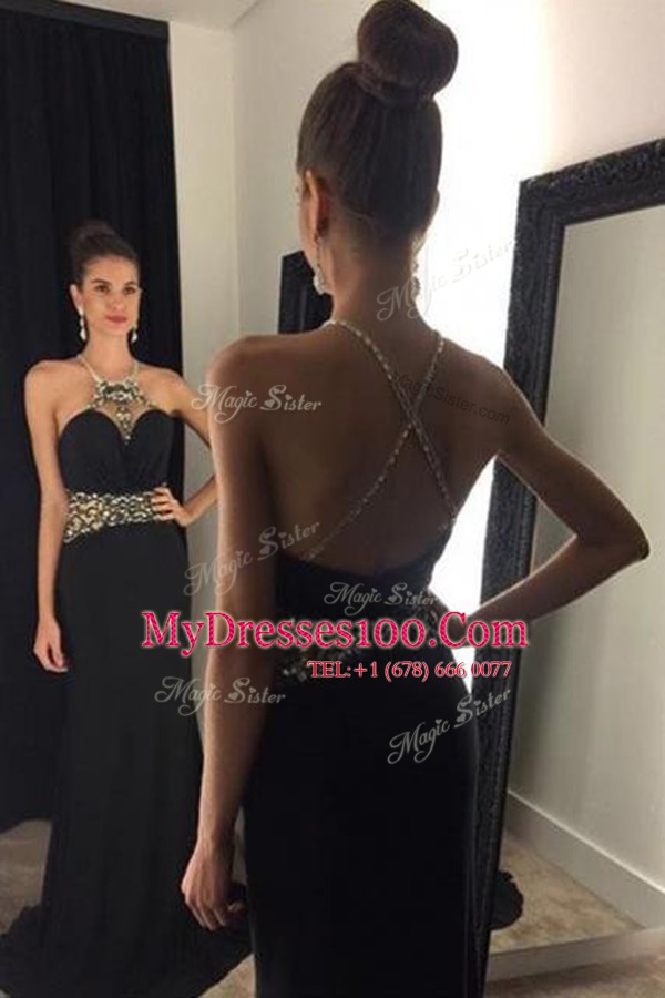 Clearance Mermaid Halter Top Sleeveless Brush Train Beading Criss Cross Formal Evening Gowns