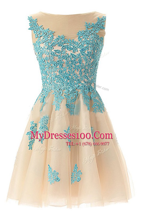 Champagne Tulle Zipper Going Out Dresses Sleeveless Mini Length Appliques