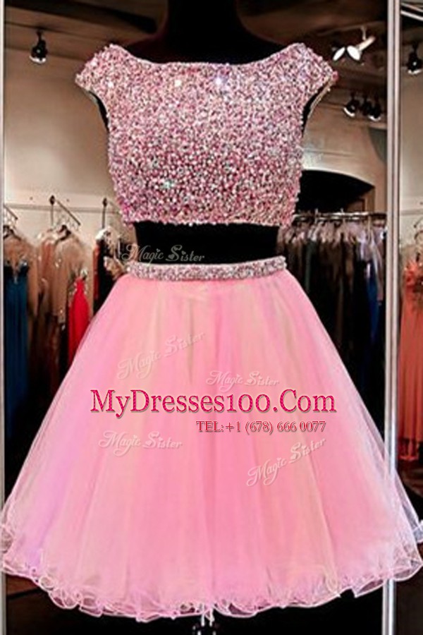Captivating Pink Cap Sleeves Mini Length Beading Zipper Prom Gown