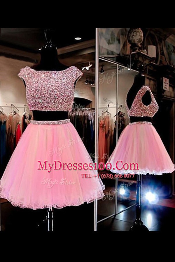 Captivating Pink Cap Sleeves Mini Length Beading Zipper Prom Gown