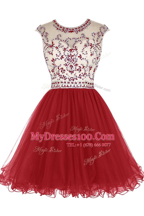 Sophisticated Wine Red Zipper Scoop Beading Evening Wear Tulle Cap Sleeves