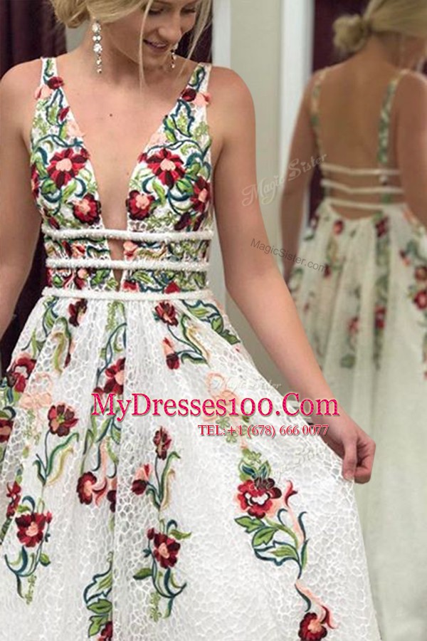Appliques Prom Dresses Multi-color Backless Sleeveless Sweep Train