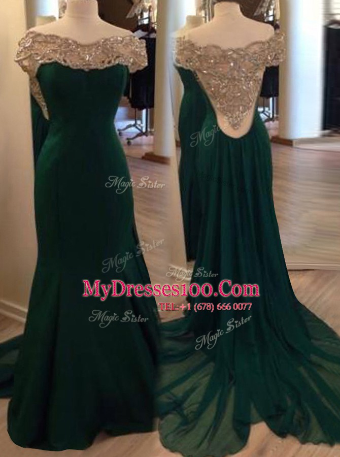 Graceful Off the Shoulder Dark Green Side Zipper Evening Gowns Beading and Pleated Short Sleeves Sweep Train