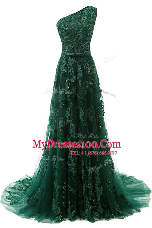 Elegant One Shoulder Dark Green Sleeveless Beading and Appliques Zipper Prom Evening Gown
