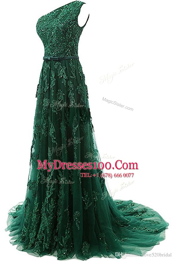 Elegant One Shoulder Dark Green Sleeveless Beading and Appliques Zipper Prom Evening Gown