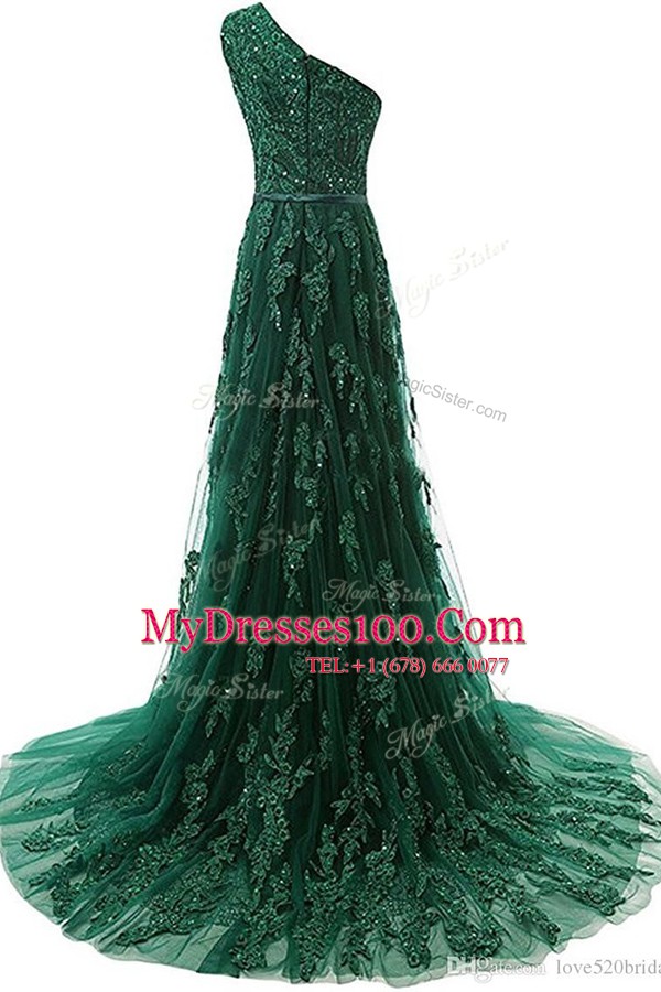 Elegant One Shoulder Dark Green Sleeveless Beading and Appliques Zipper Prom Evening Gown