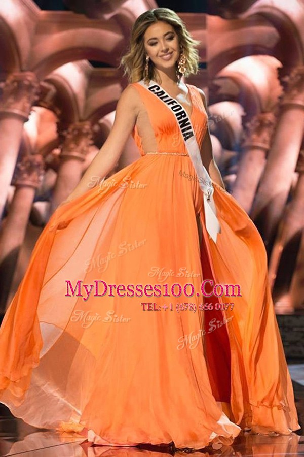 Flirting Orange Prom Evening Gown Chiffon Sweep Train Sleeveless Sashes ribbons