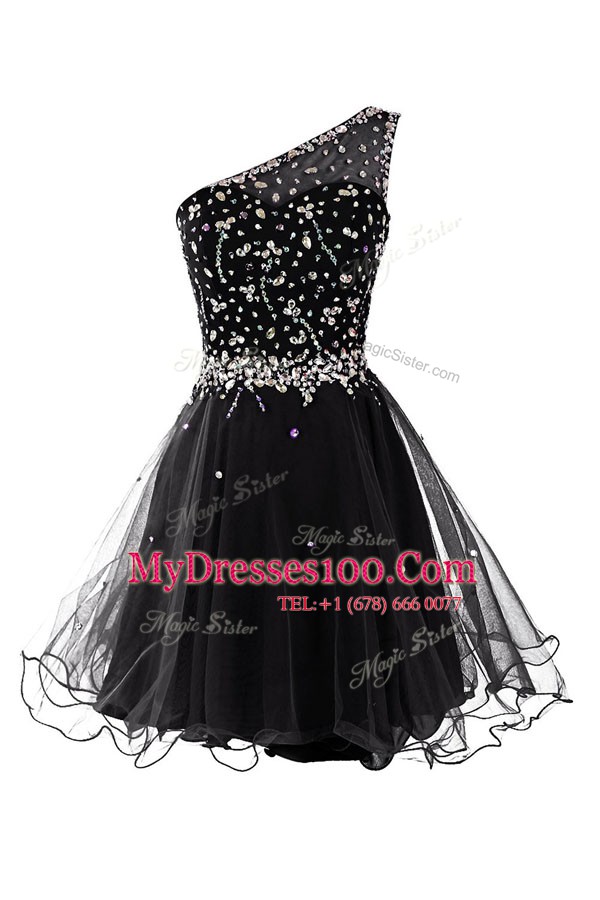 Charming One Shoulder Black Side Zipper Evening Gowns Beading Sleeveless Mini Length