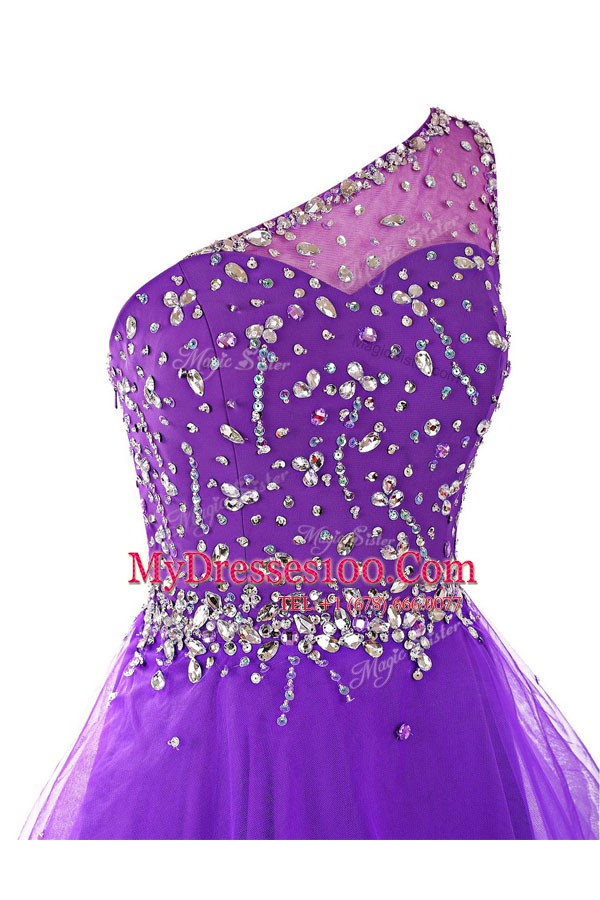 Charming One Shoulder Black Side Zipper Evening Gowns Beading Sleeveless Mini Length