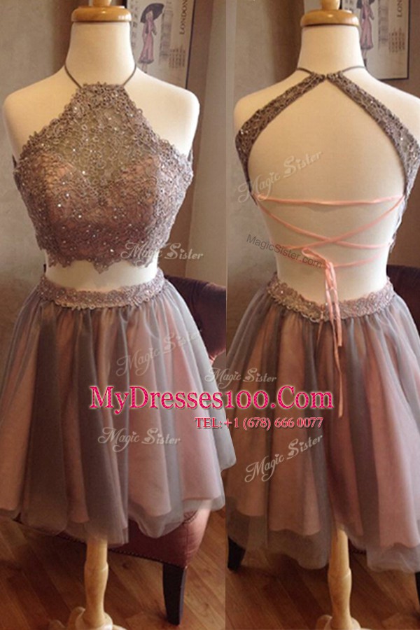 Discount Halter Top Sleeveless Organza Evening Dress Beading Criss Cross