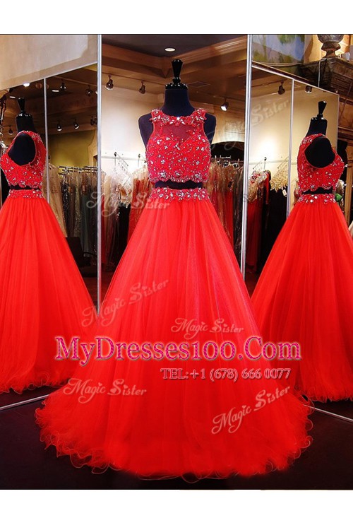 Perfect Scoop Sleeveless Floor Length Beading Zipper Homecoming Dress with Coral Red