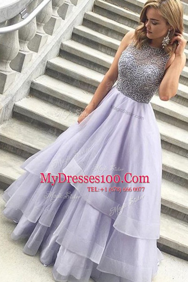 High End Lavender A-line Scoop Sleeveless Organza Floor Length Zipper Beading Dress for Prom