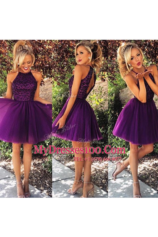 Amazing Knee Length Purple Formal Evening Gowns High-neck Sleeveless Backless