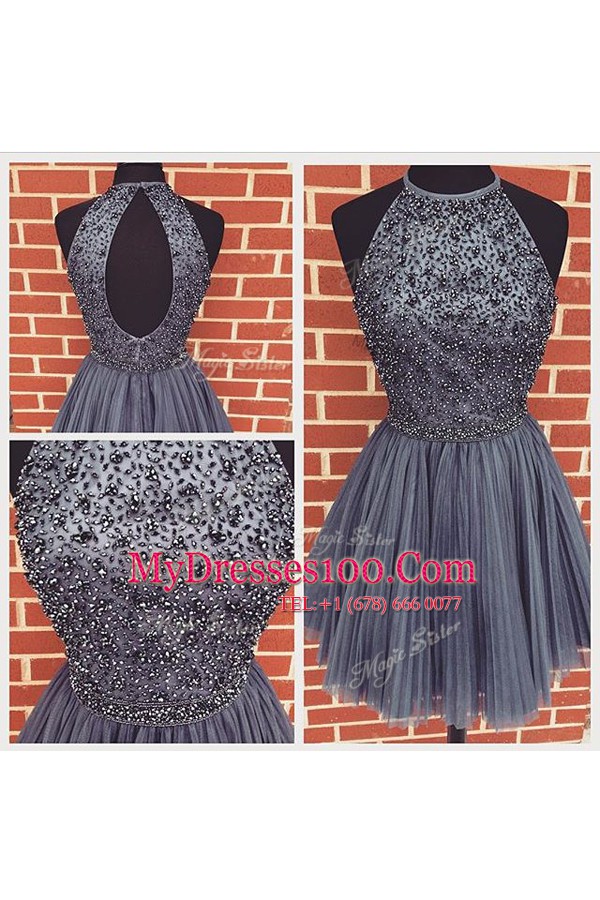 Amazing Knee Length Purple Formal Evening Gowns High-neck Sleeveless Backless