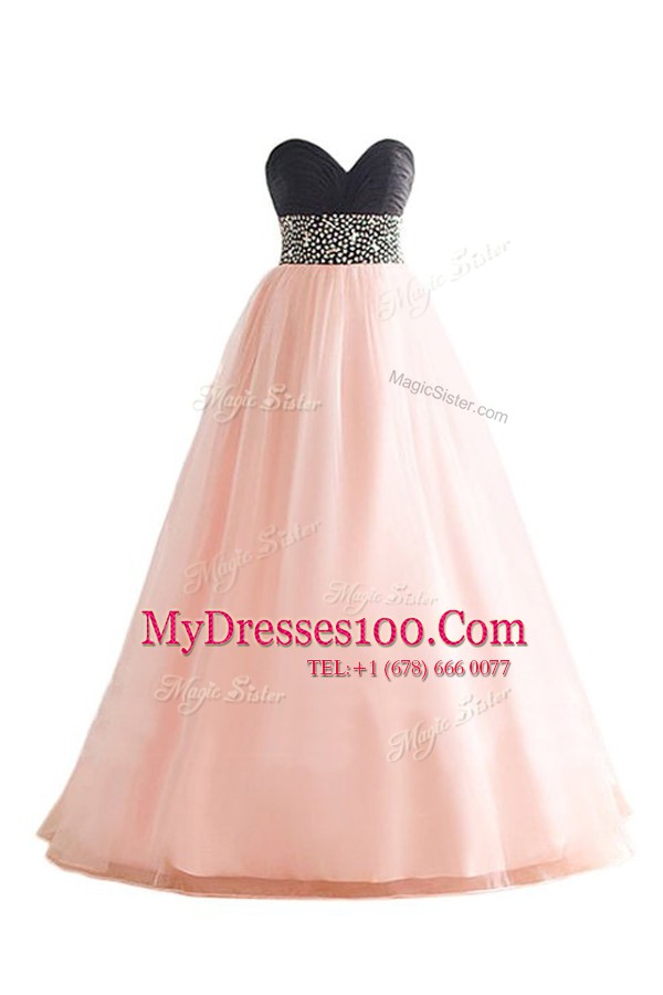 Latest Pink And Black Lace Up Sweetheart Beading Prom Dresses Organza Sleeveless