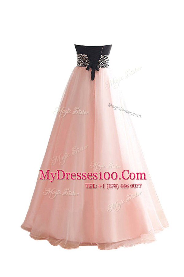 Latest Pink And Black Lace Up Sweetheart Beading Prom Dresses Organza Sleeveless