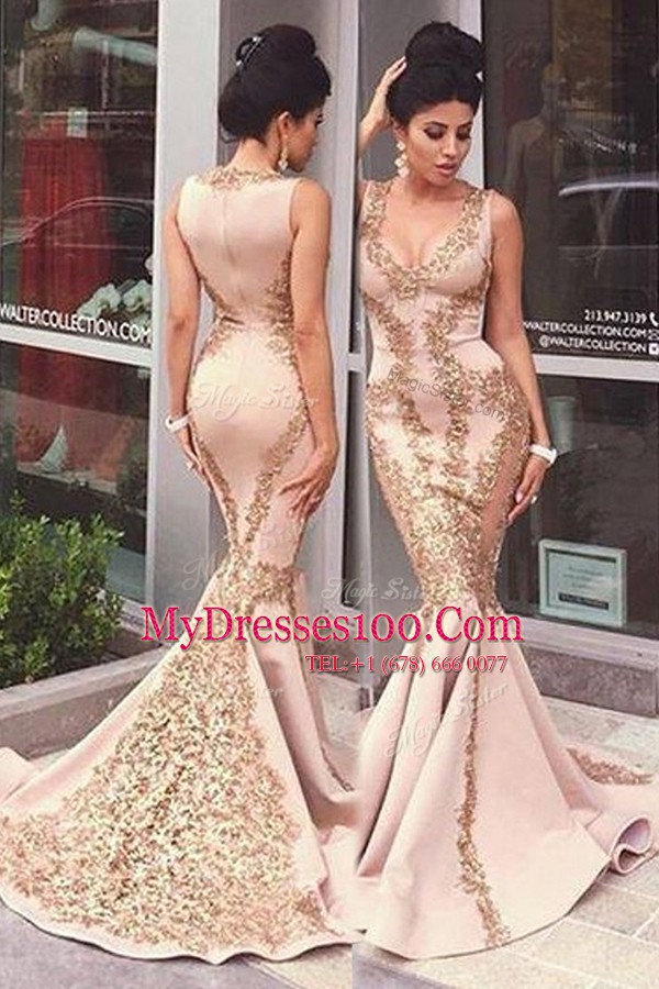Mermaid Scoop Sleeveless With Train Beading and Appliques Zipper Homecoming Dress with Pink Sweep Train