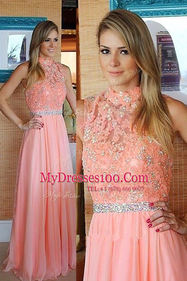 Floor Length Pink Evening Party Dresses High-neck Sleeveless Zipper