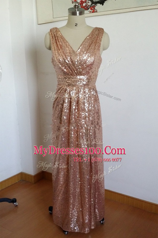 Pink Lace Up V-neck Pleated Evening Outfits Sequined Sleeveless