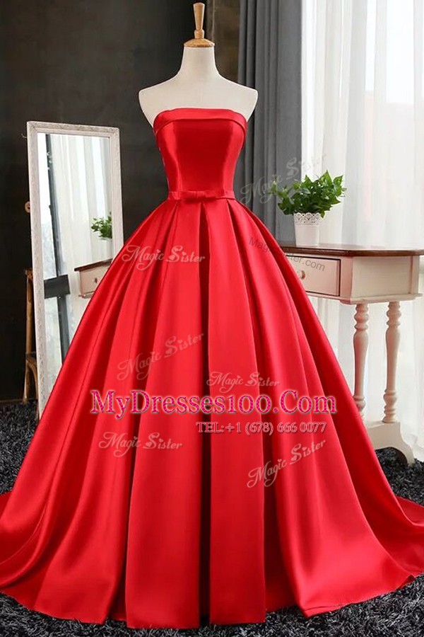 Enchanting Satin Sleeveless Dress for Prom Sweep Train and Pleated