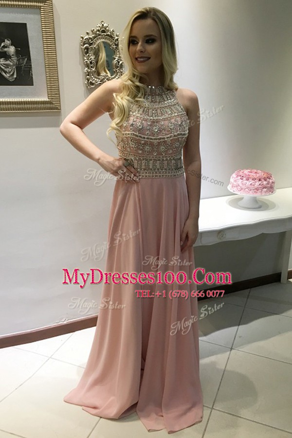 Modern Scoop Pink Sleeveless Sweep Train Beading With Train Prom Dresses