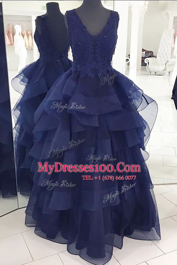 Decent Navy Blue Backless Evening Gowns Beading and Appliques and Ruffles Sleeveless Floor Length