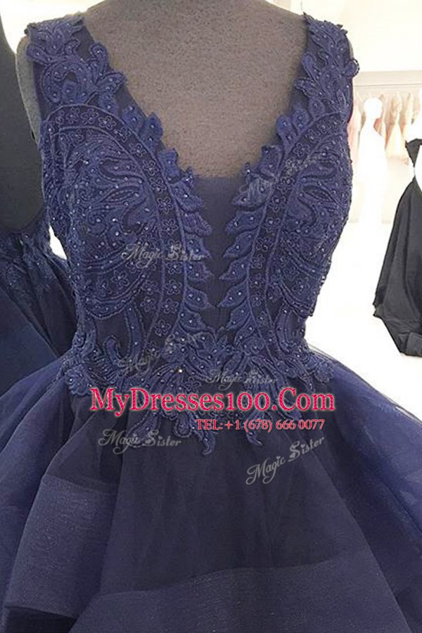 Decent Navy Blue Backless Evening Gowns Beading and Appliques and Ruffles Sleeveless Floor Length