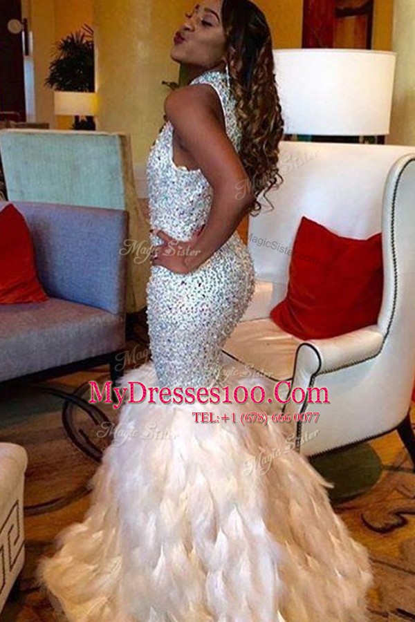 Classical Mermaid Sequined Sleeveless Floor Length Prom Evening Gown and Beading