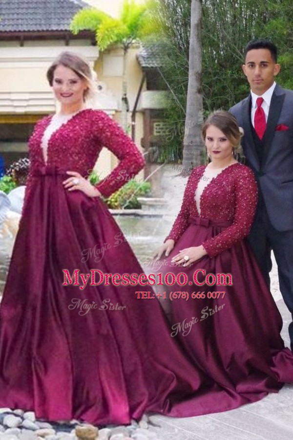 Beautiful Scoop Burgundy Zipper Formal Dresses Beading Long Sleeves With Train Sweep Train