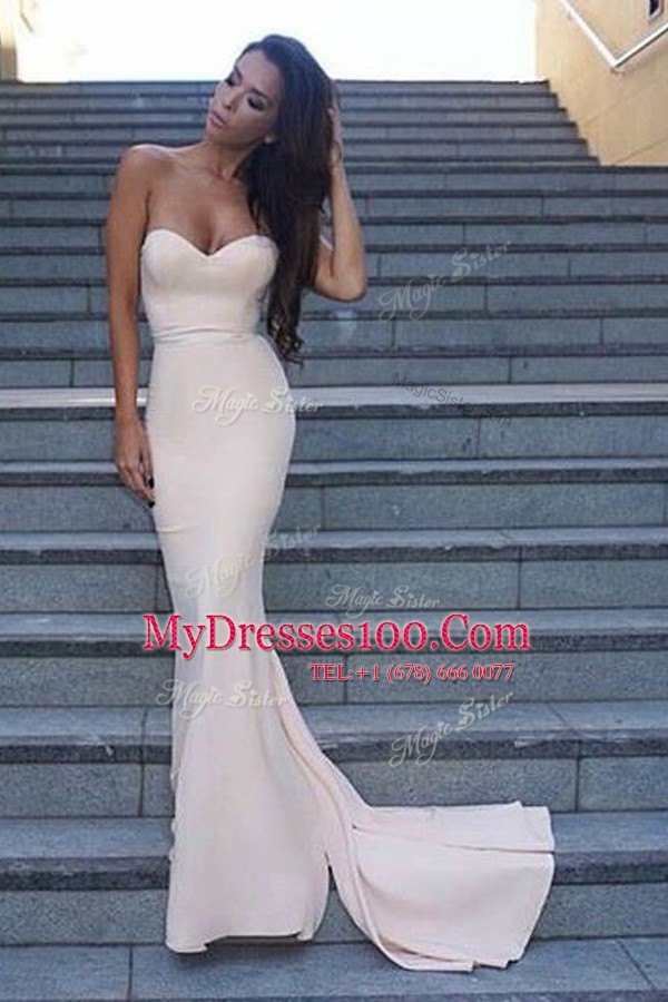 Fitting Mermaid White Sweetheart Backless Ruching Prom Gown Sweep Train Sleeveless