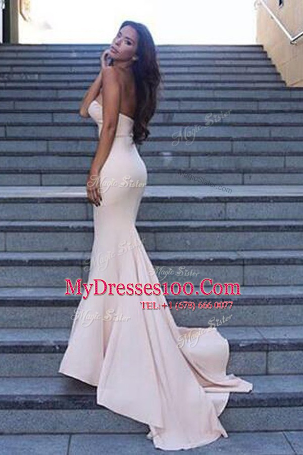 Fitting Mermaid White Sweetheart Backless Ruching Prom Gown Sweep Train Sleeveless