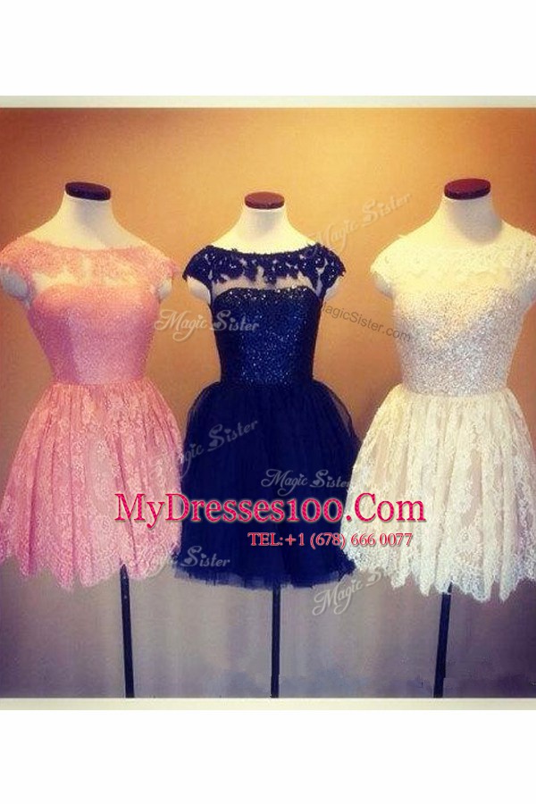 Lace Knee Length Baby Pink Juniors Party Dress Scoop Cap Sleeves Backless