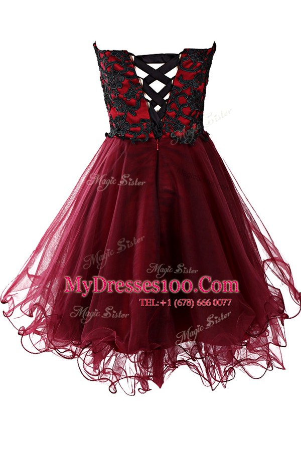 Enchanting A-line Prom Evening Gown Burgundy Sweetheart Organza Sleeveless Mini Length Lace Up