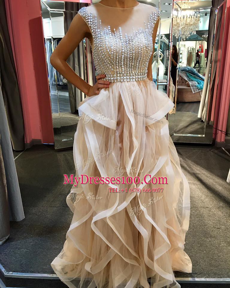 Scoop Sleeveless Evening Wear Floor Length Beading and Ruffles Champagne Tulle
