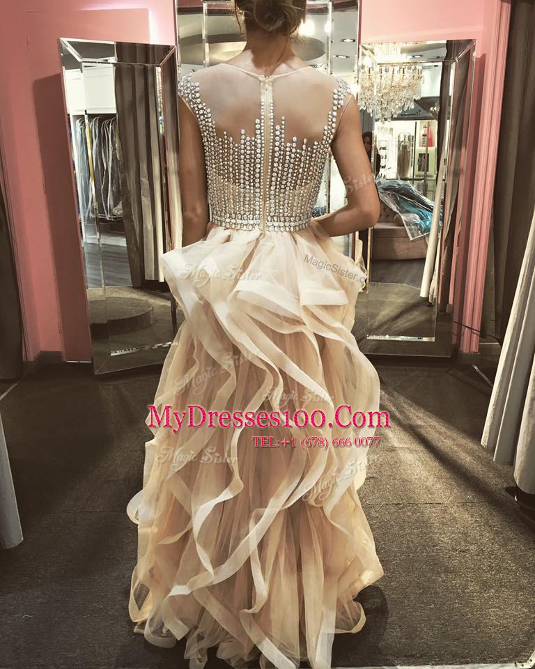 Scoop Sleeveless Evening Wear Floor Length Beading and Ruffles Champagne Tulle