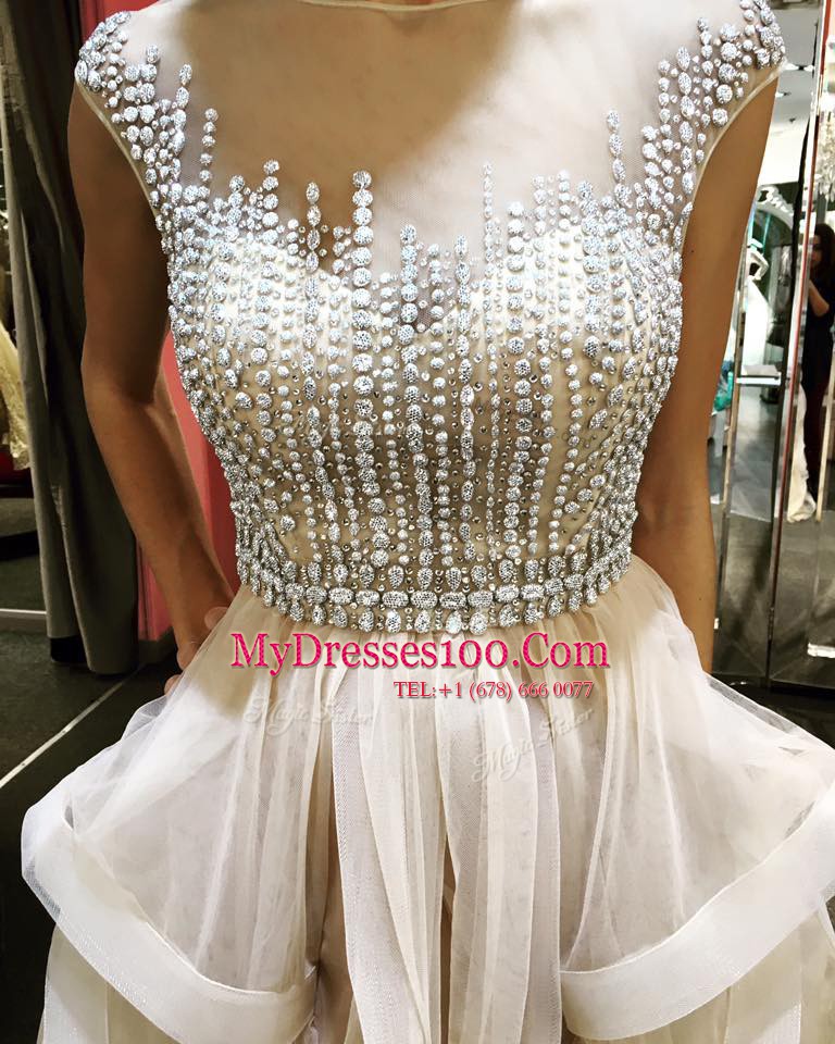 Scoop Sleeveless Evening Wear Floor Length Beading and Ruffles Champagne Tulle